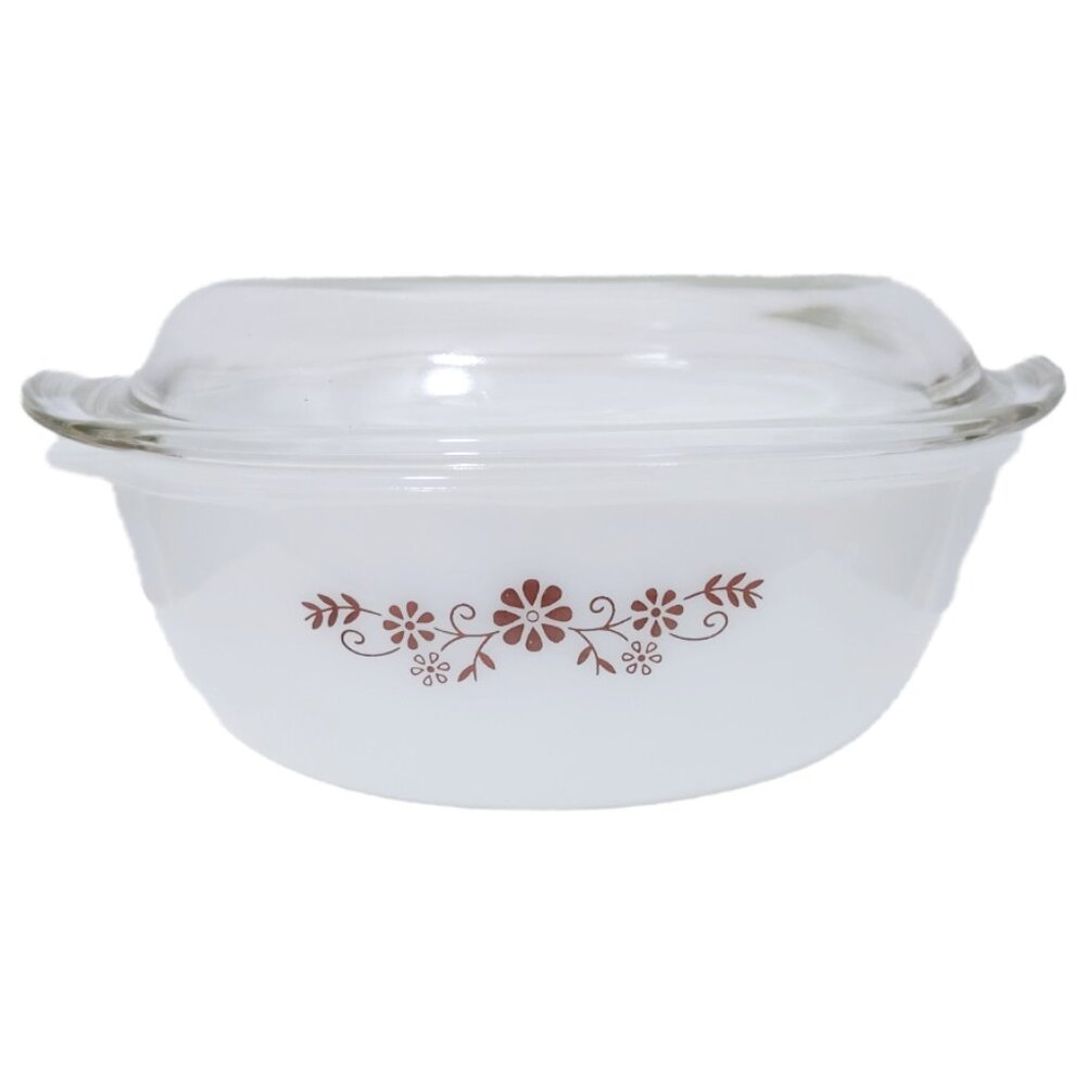 PYR-O-REY Dynaware Brown Daisy Milk Glass Casserole Dish with Glass Lid 7 Cups